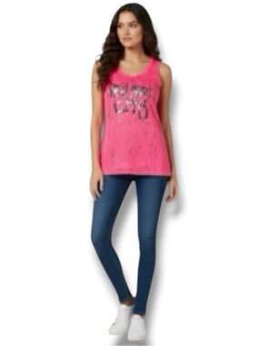 Popular Sports Y2K NYC Shredded Back Graphic Tank Top - Neon Pink - Large 🍭